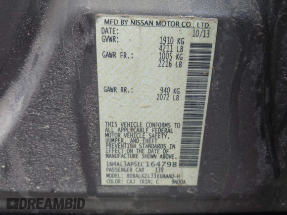 2014 Nissan Altima 2.5 with VIN 1N4AL3AP5EC164798, listed as a IAAI auction lot 41822821 with 176,554 mi miles. Bid and sale history available at carsss.com. Image 9.