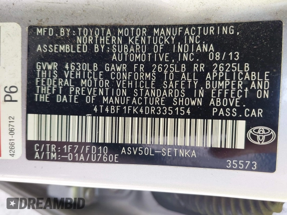 2013 Toyota Camry L with VIN 4T4BF1FK4DR335154, listed as a IAAI auction lot 41969320 with 275,733 mi miles. Bid and sale history available at carsss.com. Image 9.