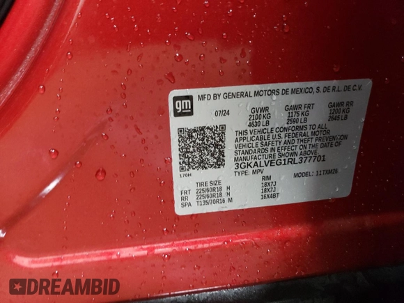 2024 GMC Terrain SLT z VIN 3GKALVEG1RL377701, wystawiony jako Copart lot #48513595 z przebiegiem 4 039 mil mil oraz Szkoda całkowita • Salvage title. Historia ofert i sprzedaży dostępna na DreamBid. Obrazek 13.