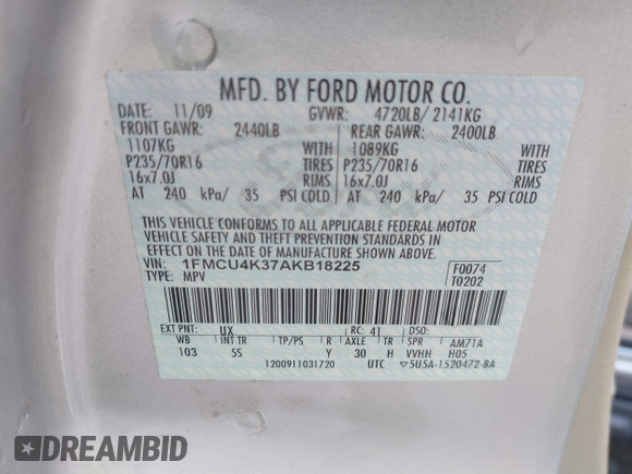2010 Ford Escape Hybrid with VIN 1FMCU4K37AKB18225, listed as a IAAI auction lot 41271098 with 161,810 mi miles and . Bid and sale history available at DreamBid. Image 9.
