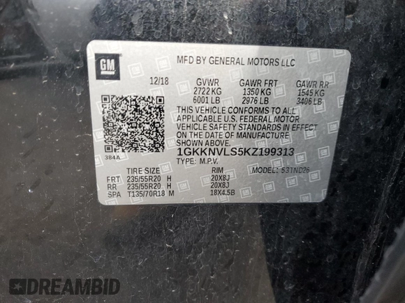 2019 GMC Acadia SLT with VIN 1GKKNVLS5KZ199313, listed as a Copart auction lot 78445053 with 141,883 mi miles and Salvage Title. Bid and sale history available at DreamBid. Image 13.