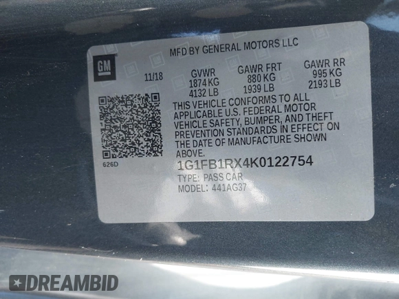 2019 Chevrolet Camaro 1LS with VIN 1G1FB1RX4K0122754, listed as a IAAI auction lot 41763543 with 91,704 mi miles and . Bid and sale history available at carsss.com. Image 9.