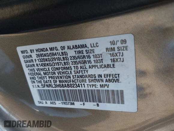 2010 Honda Odyssey EX-L с VIN 5FNRL3H68AB023411, выставлен на аукционе IAAI как лот 42275803 с пробегом 170 460 миль миль и . История ставок и продаж доступна на DreamBid. Изображение 9.