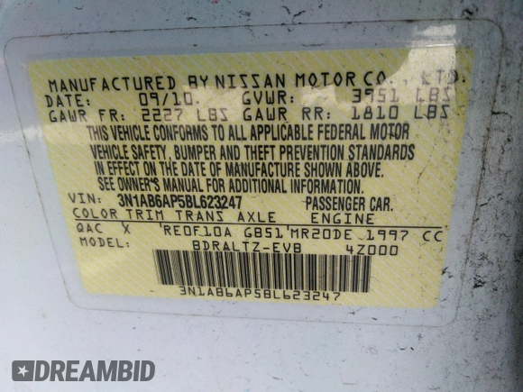 2011 Nissan Sentra SR with VIN 3N1AB6AP5BL623247, listed as a IAAI auction lot 41759737 with 88,042 mi miles and . Bid and sale history available at DreamBid. Image 9.