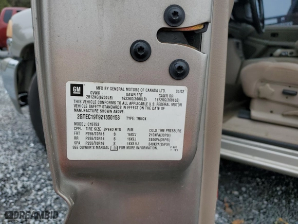 2002 GMC Sierra 1500 SLE with VIN 2GTEC19T921350153, listed as a Copart auction lot 79409884 with 145,237 mi miles and Salvage Title. Bid and sale history available at carsss.com. Image 12.