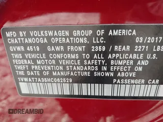 2017 Volkswagen Passat S with VIN 1VWAT7A35HC062529, listed as a IAAI auction lot 41090215 with 127,432 mi miles and . Bid and sale history available at DreamBid. Image 9.