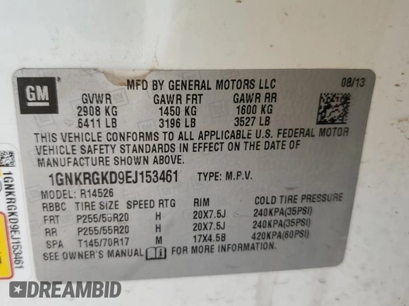 2014 Chevrolet Traverse LT with VIN 1GNKRGKD9EJ153461, listed as a Copart auction lot 48735485 with 169,590 mi miles and Salvage Title. Bid and sale history available at carsss.com. Image 13.