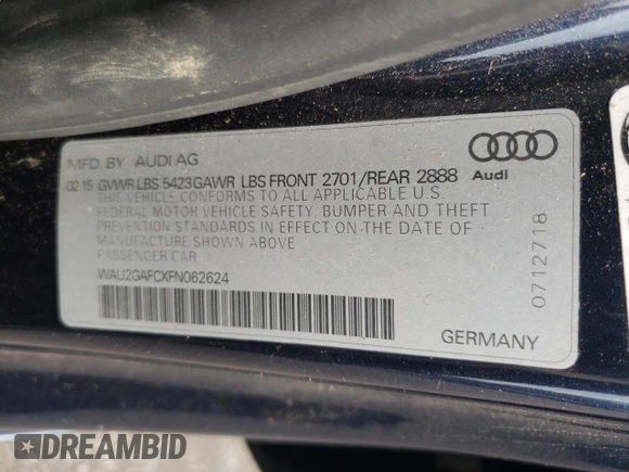 2015 Audi A7 3.0 Prestige with VIN WAU2GAFCXFN062624, listed as a Copart auction lot 68480264 with 86,064 mi miles and Salvage Title. Bid and sale history available at carsss.com. Image 14.