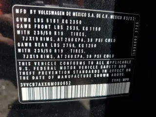 2022 Volkswagen Tiguan SE R-Line Black z VIN 3VVCB7AXXNM080652, wystawiony jako Copart lot #51249185 z przebiegiem 53 996 mil mil oraz Nie do naprawy • Non repairable. Historia ofert i sprzedaży dostępna na DreamBid. Obrazek 14.