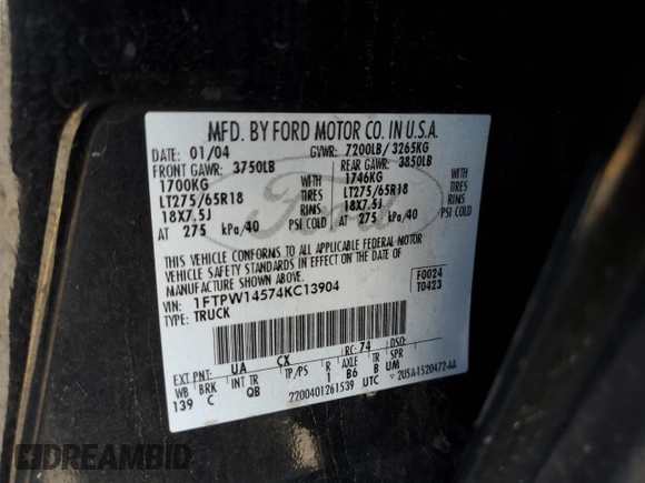 2004 Ford F-150 XLT with VIN 1FTPW14574KC13904, listed as a Copart auction lot 63027105 with 196,739 mi miles and Salvage title. Bid and sale history available at DreamBid. Image 12.
