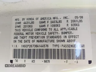 2008 Honda Accord EX with VIN 1HGCP26738A144576, listed as a IAAI auction lot 42236008 with 192,445 mi miles and . Bid and sale history available at DreamBid. Image 9.