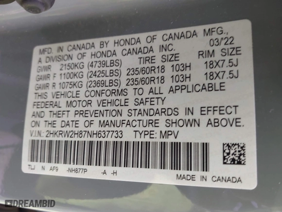 2022 Honda CR-V EX-L with VIN 2HKRW2H87NH637733, listed as a IAAI auction lot 41723047 with 54,670 mi miles. Bid and sale history available at carsss.com. Image 9.