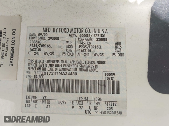 2001 Ford F-150 XL with VIN 1FTZX17241NA34480, listed as a IAAI auction lot 42613506 with 206,207 mi miles and . Bid and sale history available at DreamBid. Image 9.