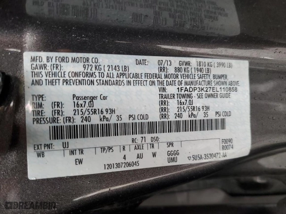 2014 Ford Focus SE with VIN 1FADP3K27EL110858, listed as a Copart auction lot 50347855 with 127,457 mi miles and Salvage Title. Bid and sale history available at carsss.com. Image 14.