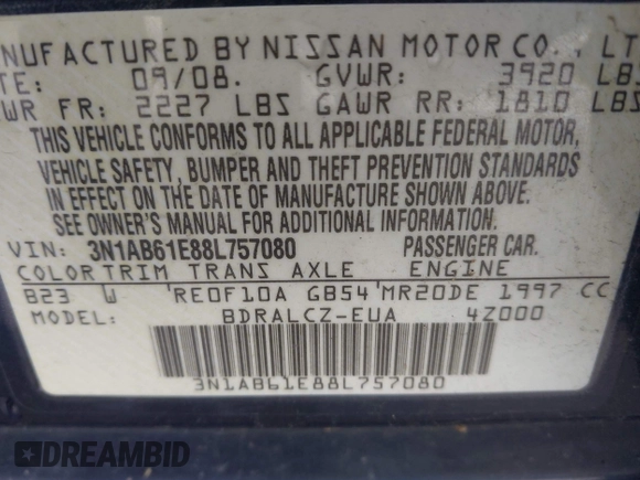 2008 Nissan Sentra S with VIN 3N1AB61E88L757080, listed as a IAAI auction lot 42144107 with 160,487 mi miles and . Bid and sale history available at DreamBid. Image 9.