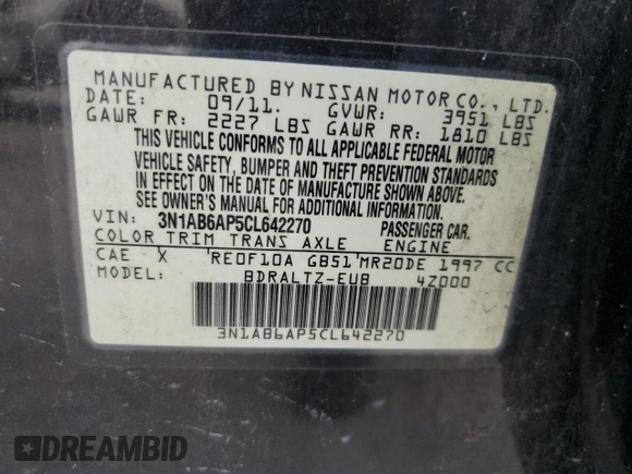 2012 Nissan Sentra S with VIN 3N1AB6AP5CL642270, listed as a Copart auction lot 63668275 with 154,306 mi miles and Salvage title. Bid and sale history available at DreamBid. Image 12.