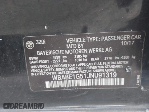 2018 BMW 3 Series 320i with VIN WBA8E1G51JNU91319, listed as a IAAI auction lot 41690084 with 67,609 mi miles. Bid and sale history available at carsss.com. Image 9.