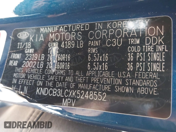 2019 Kia Niro LX with VIN KNDCB3LCXK5248552, listed as a IAAI auction lot 41724724 with 104,546 mi miles and . Bid and sale history available at DreamBid. Image 9.