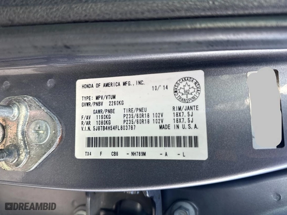 2015 Acura RDX Tech Pkg with VIN 5J8TB4H54FL803787, listed as a Copart auction lot 53760145 with 257,973 mi miles and Clean Title. Bid and sale history available at carsss.com. Image 10.