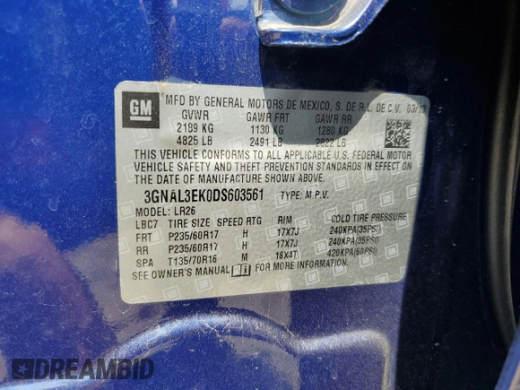2013 Chevrolet Captiva Sport LT with VIN 3GNAL3EK0DS603561, listed as a Copart auction lot 61344324 with 153,016 mi miles and Salvage Title. Bid and sale history available at DreamBid. Image 15.