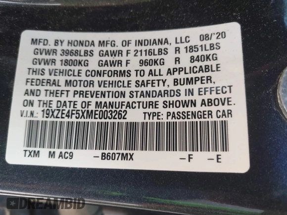 2021 Honda Insight EX with VIN 19XZE4F5XME003262, listed as a IAAI auction lot 41875669 with 43,005 mi miles and . Bid and sale history available at carsss.com. Image 9.