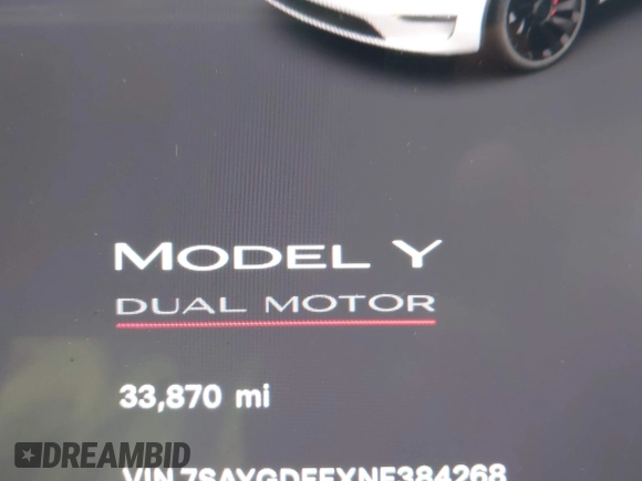 2022 Tesla Model Y Performance with VIN 7SAYGDEFXNF384268, listed as a IAAI auction lot 41558359 with 33,870 mi miles and . Bid and sale history available at DreamBid. Image 14.
