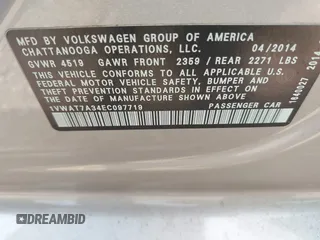 2014 Volkswagen Passat Wolfsburg Edition with VIN 1VWAT7A34EC097719, listed as a IAAI auction lot 42483880 with 255,655 mi miles and . Bid and sale history available at DreamBid. Image 9.