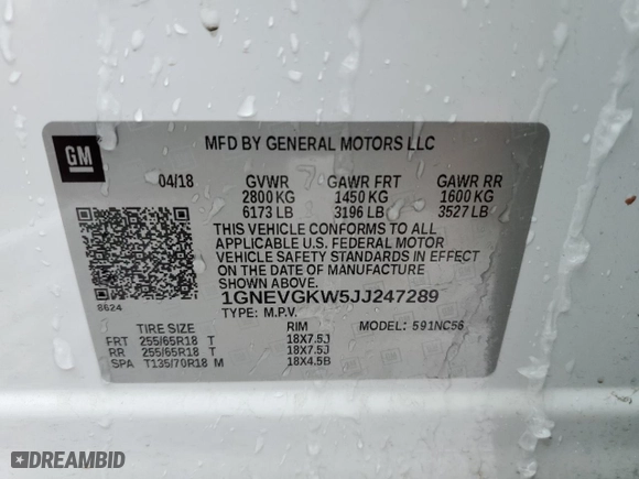 2018 Chevrolet Traverse LT Cloth with VIN 1GNEVGKW5JJ247289, listed as a Copart auction lot 45715455 with 121,425 mi miles and Non Repairable. Bid and sale history available at carsss.com. Image 13.