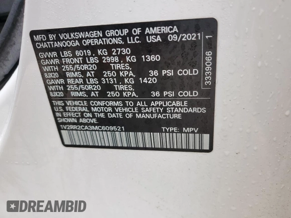 2021 Volkswagen Atlas SE with VIN 1V2RR2CA3MC609521, listed as a Copart auction lot 55945695 with 38,874 mi miles and Salvage title. Bid and sale history available at DreamBid. Image 13.