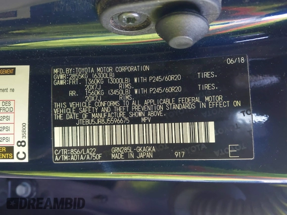 2018 Toyota 4Runner SR5 z VIN JTEBU5JR8J5596675, wystawiony jako IAAI lot #41877335 z przebiegiem Nie podano mil oraz . Historia ofert i sprzedaży dostępna na DreamBid. Obrazek 9.