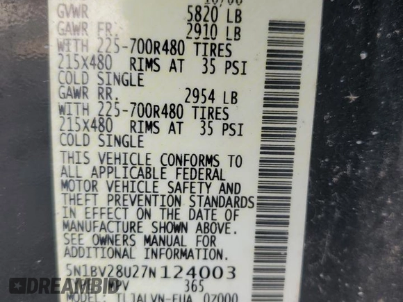 2007 Nissan Quest SL z VIN 5N1BV28U27N124003, wystawiony jako Copart lot #57876915 z przebiegiem 141 409 mil mil oraz Szkoda całkowita • Salvage title. Historia ofert i sprzedaży dostępna na DreamBid. Obrazek 13.