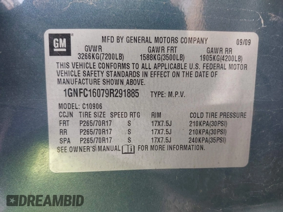 2009 Chevrolet Suburban LS with VIN 1GNFC16079R291885, listed as a IAAI auction lot 42352913 with 191,994 mi miles and . Bid and sale history available at DreamBid. Image 9.