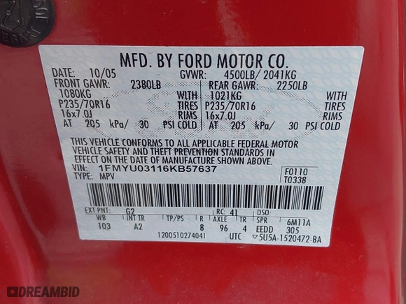 2006 Ford Escape XLT with VIN 1FMYU03116KB57637, listed as a IAAI auction lot 41803899 with 118,945 mi miles. Bid and sale history available at carsss.com. Image 9.