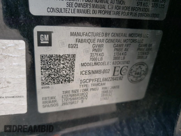 2021 Chevrolet Silverado 1500 LT Trail Boss with VIN 1GCPYFEL6MZ264192, listed as a Copart auction lot 49147325 with 99,359 mi miles and Salvage Title. Bid and sale history available at DreamBid. Image 13.