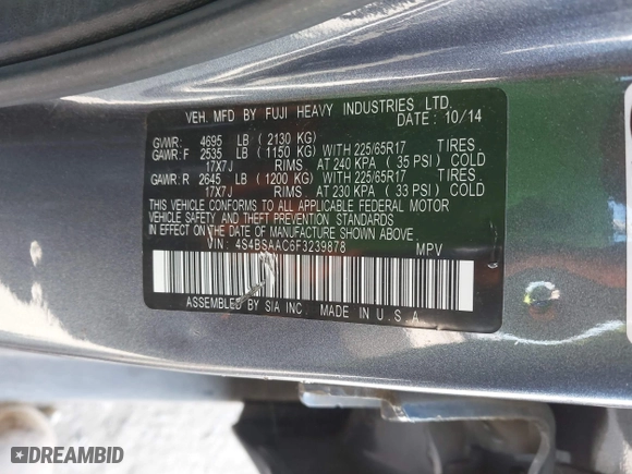 2015 Subaru Outback 2.5i with VIN 4S4BSAAC6F3239878, listed as a IAAI auction lot 42014114 with 152,892 mi miles. Bid and sale history available at carsss.com. Image 9.