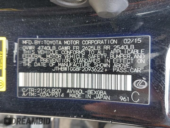 2015 Lexus ES 300h with VIN JTHBW1GG8F2093622, listed as a Copart auction lot 53394155 with 161,149 mi miles and Salvage title. Bid and sale history available at DreamBid. Image 13.