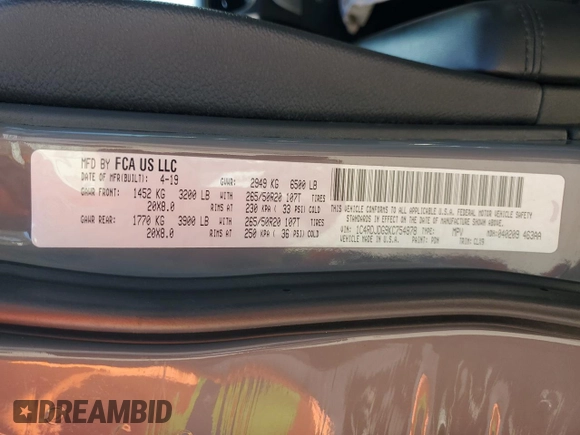 2019 Dodge Durango GT Plus with VIN 1C4RDJDG9KC754878, listed as a Copart auction lot 53489095 with 95,223 mi miles and Salvage Title. Bid and sale history available at DreamBid. Image 13.