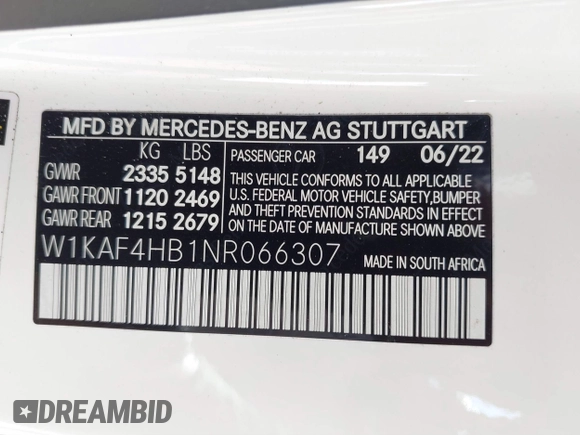 2022 Mercedes-Benz C 300 with VIN W1KAF4HB1NR066307, listed as a IAAI auction lot 41535720 with 18,889 mi miles and . Bid and sale history available at DreamBid. Image 9.