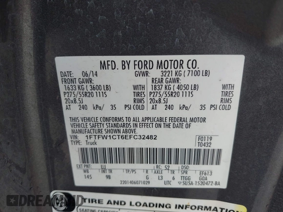 2014 Ford F-150 XL with VIN 1FTFW1CT6EFC32482, listed as a IAAI auction lot 41896956 with 152,993 mi miles and . Bid and sale history available at DreamBid. Image 9.