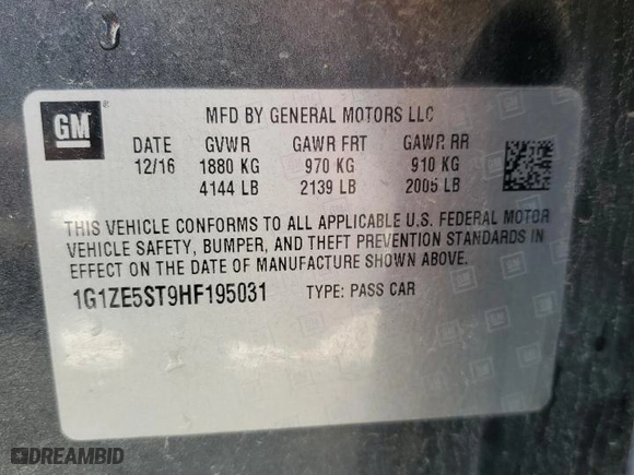 2017 Chevrolet Malibu LT with VIN 1G1ZE5ST9HF195031, listed as a Copart auction lot 51978495 with 166,945 mi miles and Salvage Title. Bid and sale history available at carsss.com. Image 13.