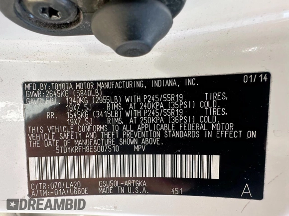 2014 Toyota Highlander Limited with VIN 5TDYKRFH8ES007510, listed as a Copart auction lot 63150215 with 229,244 mi miles and Clean title. Bid and sale history available at DreamBid. Image 10.