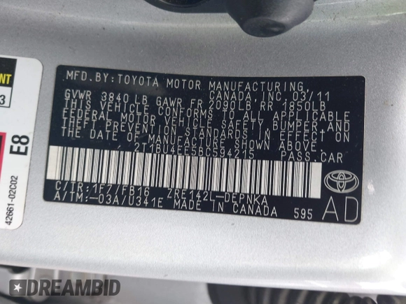 2011 Toyota Corolla L with VIN 2T1BU4EE5BC594215, listed as a IAAI auction lot 41802263 with 126,457 mi miles and . Bid and sale history available at DreamBid. Image 9.