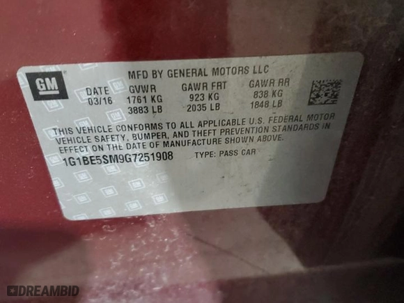 2016 Chevrolet Cruze LT with VIN 1G1BE5SM9G7251908, listed as a Copart auction lot 84104784 with 99,874 mi miles and Salvage Title. Bid and sale history available at carsss.com. Image 12.