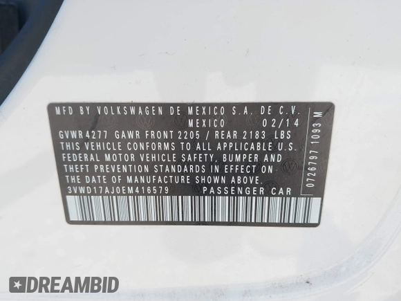 2014 Volkswagen Jetta SE с VIN 3VWD17AJ0EM416579, выставлен на аукционе IAAI как лот 42627221 с пробегом 134 850 миль миль и . История ставок и продаж доступна на DreamBid. Изображение 9.