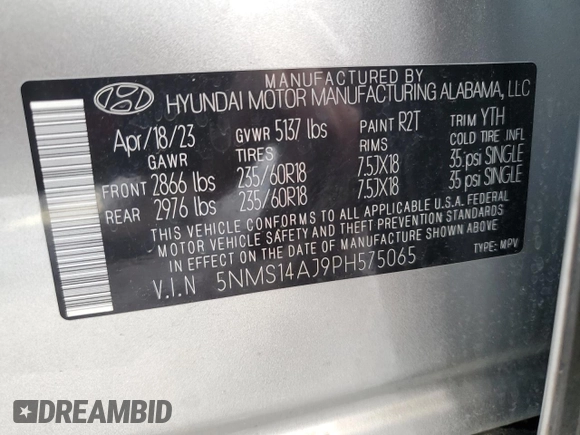 2023 Hyundai Santa Fe SE with VIN 5NMS14AJ9PH575065, listed as a Copart auction lot 54696155 with 34,964 mi miles and Salvage title. Bid and sale history available at DreamBid. Image 13.