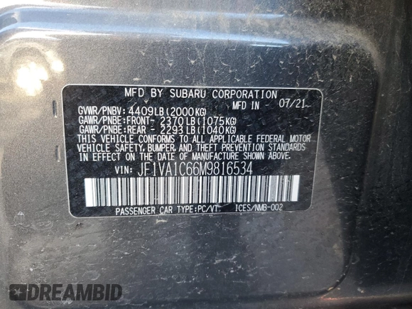 2021 Subaru WRX Premium z VIN JF1VA1C66M9816534, wystawiony jako Copart lot #82904164 z przebiegiem 145 165 mil mil oraz Szkoda całkowita • Salvage title. Historia ofert i sprzedaży dostępna na DreamBid. Obrazek 15.