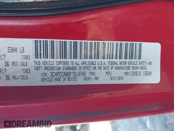 2015 Dodge Journey American Value Pkg with VIN 3C4PDCAB8FT610745, listed as a IAAI auction lot 41812606 with 252,734 mi miles. Bid and sale history available at carsss.com. Image 9.