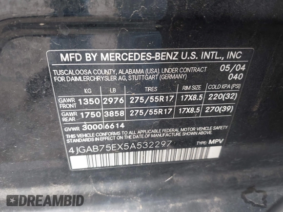 2005 Mercedes-Benz M 500 with VIN 4JGAB75EX5A532297, listed as a IAAI auction lot 42794563 with 200,481 mi miles and . Bid and sale history available at DreamBid. Image 9.