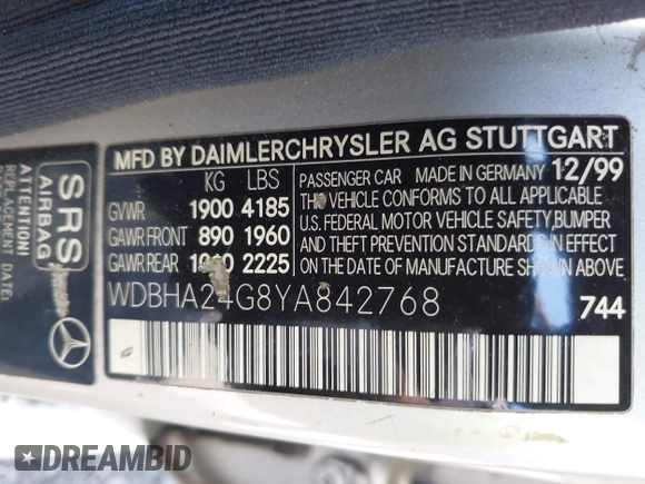 2000 Mercedes-Benz C 230 Kompressor with VIN WDBHA24G8YA842768, listed as a IAAI auction lot 42217994 with Not provided miles and . Bid and sale history available at DreamBid. Image 9.