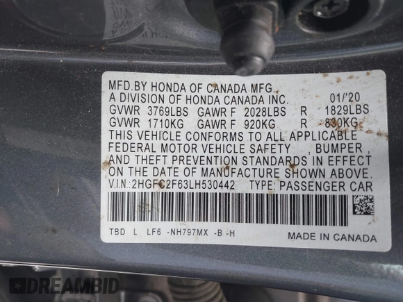2020 Honda Civic LX with VIN 2HGFC2F63LH530442, listed as a IAAI auction lot 42071650 with 38,520 mi miles and . Bid and sale history available at DreamBid. Image 9.